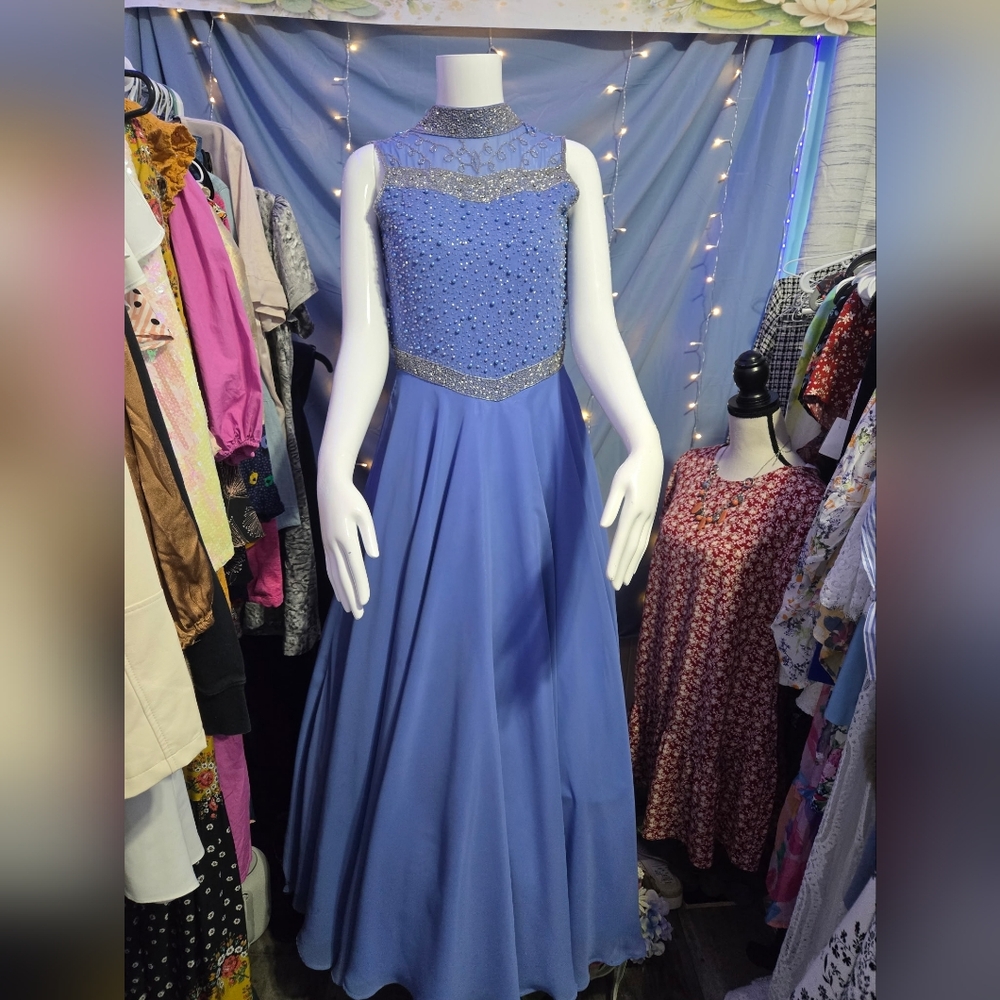Periwinkle Blue Beaded Illusion High Neck Open Lace Up Back Formal Gown Dress S